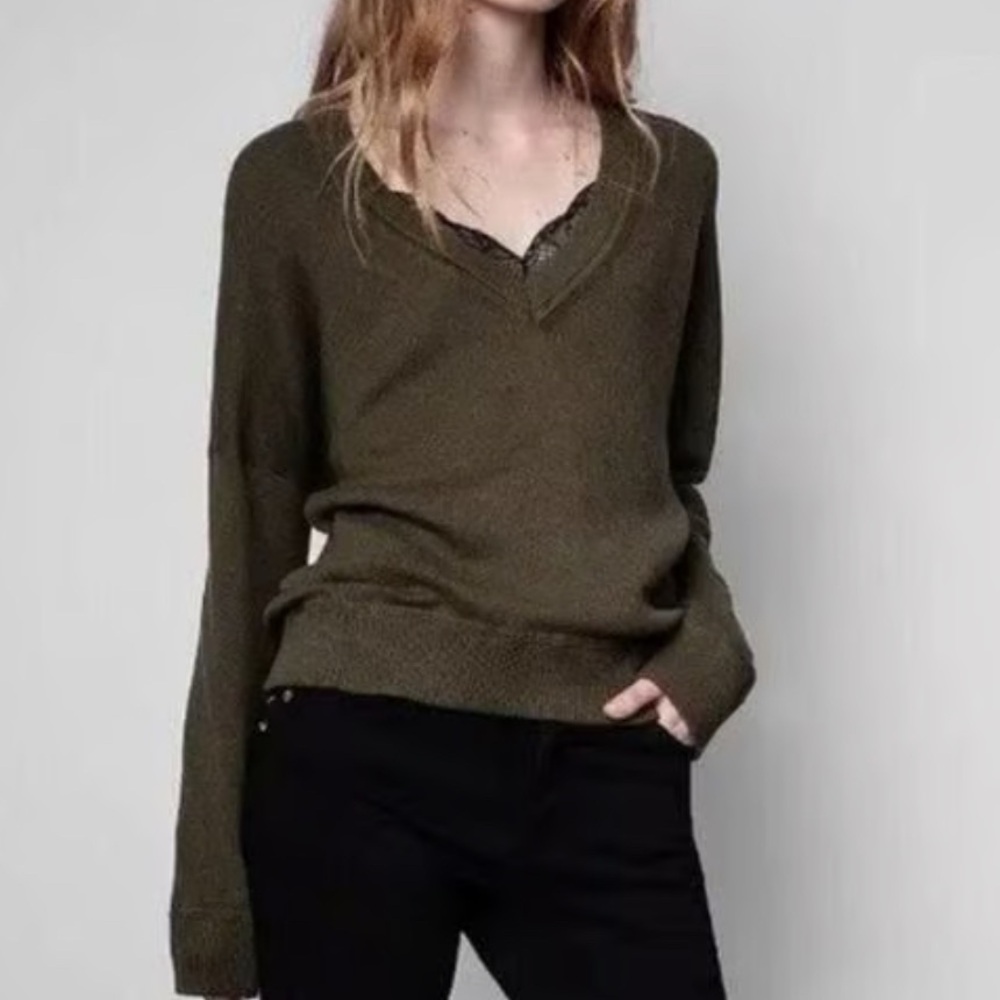 Zadig & Voltaire “Brumy” Organic Cotton, Olive Green, V-Neck Sweater